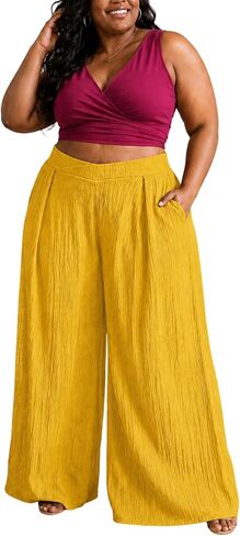 Plus Size Palazzo Wide Leg Pants for Women High Elastic Waist with Pockets Flowy Casual Lounge Travel Wear for Curvy Fit in Saudi Arabia