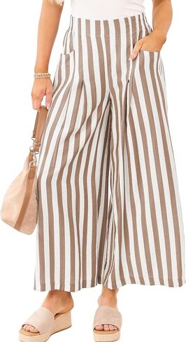 Athlisan Women's Summer Striped Palazzo Pants Elastic Waist Wide Leg Beach Lounge Casual Vacation Trousers with Pockets in Saudi Arabia
