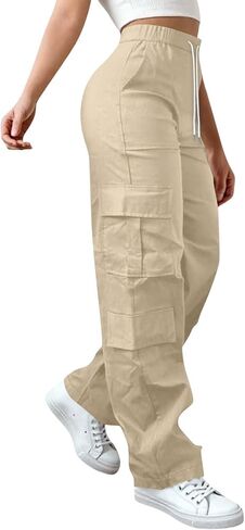 Wide Leg Cargo Pants for Women Drawstring High Waisted Baggy Parachute Pants Streetwear Hiking Trousers with Pockets in Kuwait