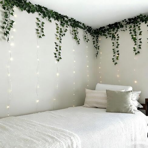 Knitgrip 12 Pcs Vines Lights for Dorm with 7.5 ft Artificial Ivy Vines 9.8 x 9.8 ft Fairy Lights and 40 Clear Wall Hooks for Dorm Wall Curtain College Back to School Decoration (Green,Pothos Leaves) in Saudi Arabia