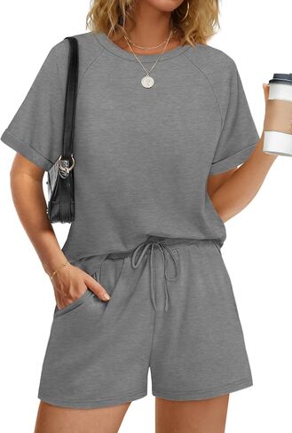 WIHOLL Two Piece Short Sets for Women Casual Summer Outfits Short Sleeve Crew Neck Lounge Matching Set in Kuwait