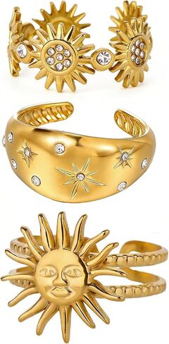 Gold Chunky Rings for Women Non Tarnish 18K Gold Plated Sun Star Open Adjustable Statement Rings Set Trendy Jewelry Gift in Saudi Arabia