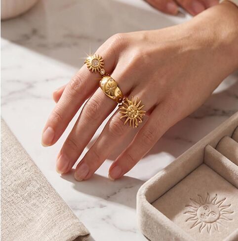 Gold Chunky Rings for Women Non Tarnish 18K Gold Plated Sun Star Open Adjustable Statement Rings Set Trendy Jewelry Gift in Saudi Arabia