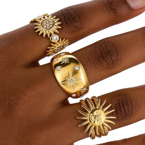 Gold Chunky Rings for Women Non Tarnish 18K Gold Plated Sun Star Open Adjustable Statement Rings Set Trendy Jewelry Gift in Saudi Arabia