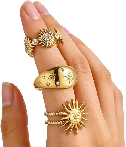 Gold Chunky Rings for Women Non Tarnish 18K Gold Plated Sun Star Open Adjustable Statement Rings Set Trendy Jewelry Gift in Saudi Arabia