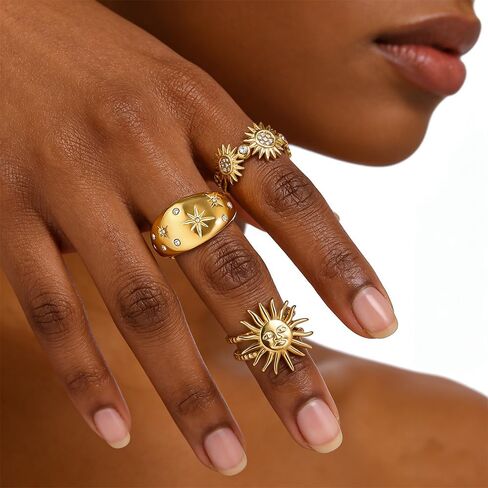 Gold Chunky Rings for Women Non Tarnish 18K Gold Plated Sun Star Open Adjustable Statement Rings Set Trendy Jewelry Gift in Saudi Arabia