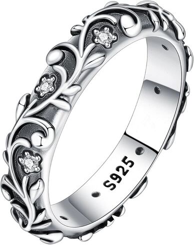Stackable Patterned Ring 925 Sterling Silver with Cubic Zirconia – Simple CZ Stacking Ring for Women | Dainty Silver Ring S925 Hypoallergenic Jewelry in Saudi Arabia