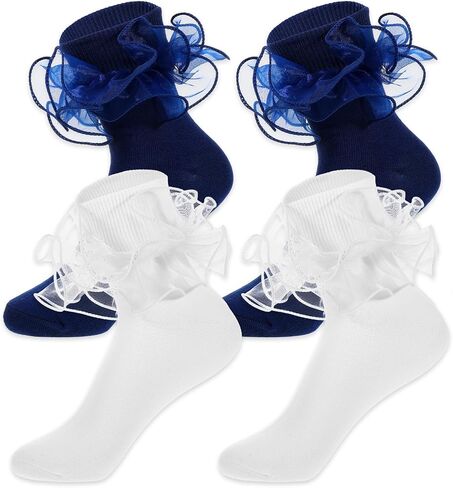 2 Pairs Women Big Ruffle Ankle Socks, Double Lace Turn Cuff Socks Adult Frilly Cotton Sock in Saudi Arabia
