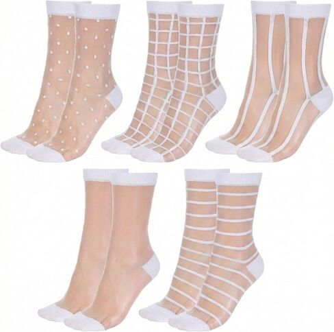 5 Pairs Sheer Socks Women,Mesh Socks See Through Sock for Women,Plaid Dots,Stripes and Geometric,Spring&Summer in Saudi Arabia