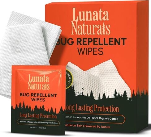 Lunata Natural Bug Wipes – 15 Pack, Plant-Powered with Oil of Lemon Eucalyptus & 100% Organic Cotton, Individually Wrapped, Long-Lasting Outdoor Formula for Camping, Hiking & Travel in Kuwait