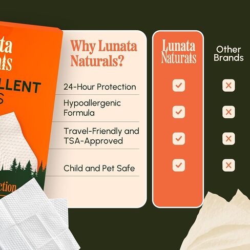 Lunata Natural Bug Wipes – 15 Pack, Plant-Powered with Oil of Lemon Eucalyptus & 100% Organic Cotton, Individually Wrapped, Long-Lasting Outdoor Formula for Camping, Hiking & Travel in Kuwait
