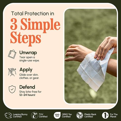 Lunata Natural Bug Wipes – 15 Pack, Plant-Powered with Oil of Lemon Eucalyptus & 100% Organic Cotton, Individually Wrapped, Long-Lasting Outdoor Formula for Camping, Hiking & Travel in Kuwait