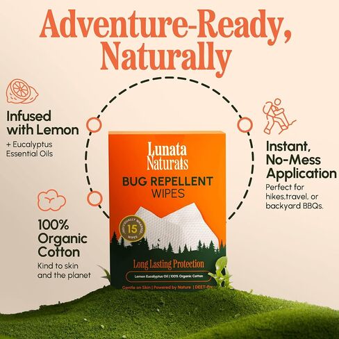 Lunata Natural Bug Wipes – 15 Pack, Plant-Powered with Oil of Lemon Eucalyptus & 100% Organic Cotton, Individually Wrapped, Long-Lasting Outdoor Formula for Camping, Hiking & Travel in Kuwait