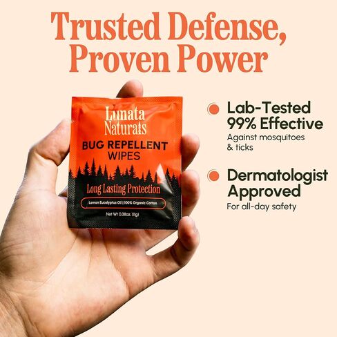 Lunata Natural Bug Wipes – 15 Pack, Plant-Powered with Oil of Lemon Eucalyptus & 100% Organic Cotton, Individually Wrapped, Long-Lasting Outdoor Formula for Camping, Hiking & Travel in Kuwait