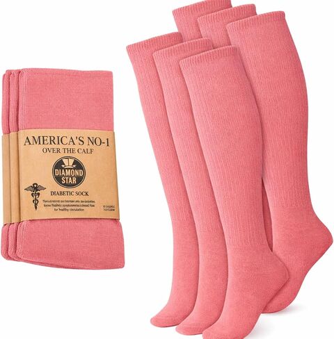 Diamond Star 6 Pairs Diabetic Knee High Socks for Women, Non-Binding Cotton Over the Calf Socks, Soft Comfortable Daily Fit in Kuwait