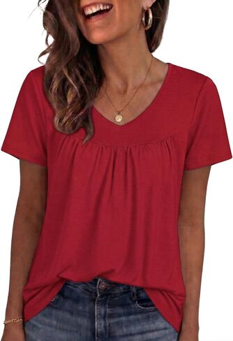 T Shirts for Women Short Sleeve Tops Casual Pleated Front Blouses V Neck Summer Tees 2026 in Saudi Arabia