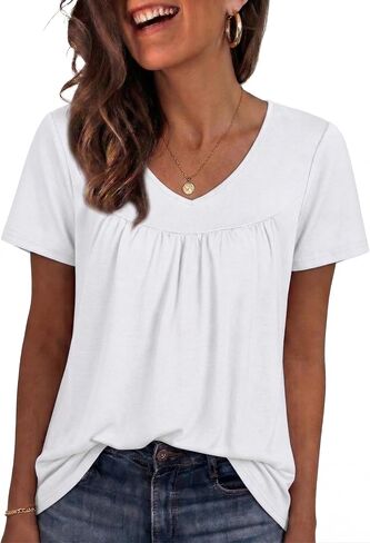 T Shirts for Women Short Sleeve Tops Casual Pleated Front Blouses V Neck Summer Tees 2026 in Saudi Arabia