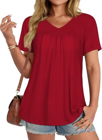 T Shirts for Women Short Sleeve Tops Casual Pleated Front Blouses V Neck Summer Tees 2026 in Saudi Arabia
