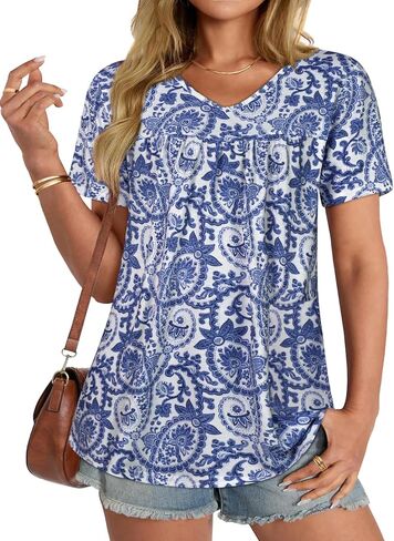 T Shirts for Women Short Sleeve Tops Casual Pleated Front Blouses V Neck Summer Tees 2026 in Saudi Arabia