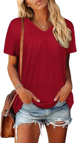 T Shirts for Women Short Sleeve Tops Casual Pleated Front Blouses V Neck Summer Tees 2026 in Saudi Arabia