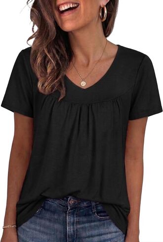 T Shirts for Women Short Sleeve Tops Casual Pleated Front Blouses V Neck Summer Tees 2026 in Saudi Arabia