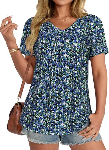 T Shirts for Women Short Sleeve Tops Casual Pleated Front Blouses V Neck Summer Tees 2026 in Saudi Arabia