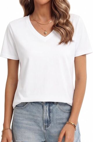 QUALFORT Women’s V Neck Short Sleeve T Shirt, Lightweight Relaxed Fit Casual Tee in Saudi Arabia