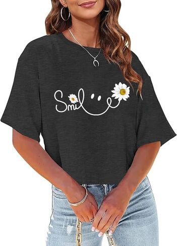 Womens Crop Top T Shirt Wildflower Graphic Tees Short Sleeve Summer Casual Loose Beach Adventure Tops in Saudi Arabia