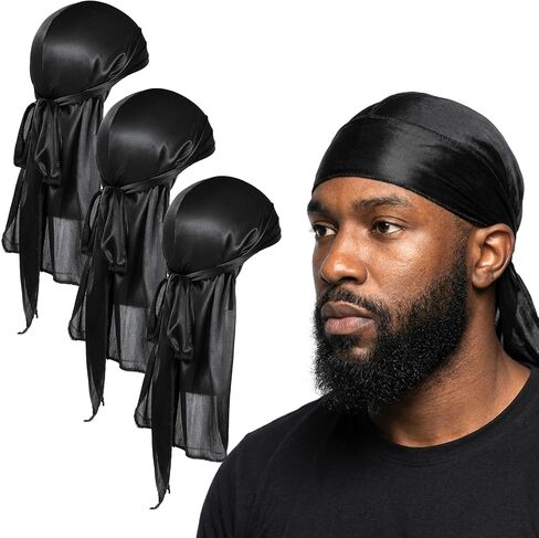 3 Pcs Durags for Men Silky Durag Satin Durag Wave Cap Doo Rag for 360 540 720 Waves Black in Kuwait