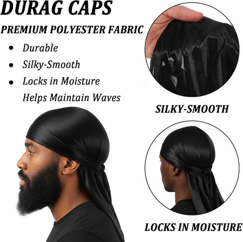 3 Pcs Durags for Men Silky Durag Satin Durag Wave Cap Doo Rag for 360 540 720 Waves Black in Kuwait