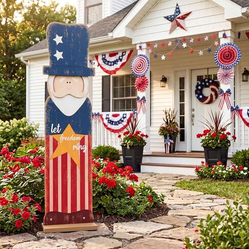 Novabright 30.2 H 4th of July Porch Sign Standing Wooden Patriotic Porch Decor Farmhouse Front Door Sign for Independence Day National Day Home Front Door Yard Party Decor in Kuwait