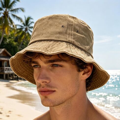 Washed Cotton Bucket Hat Vintage Denim Style Sun Cap Breathable UV Protection Fisherman Hat for Men & Women - Travel in Kuwait