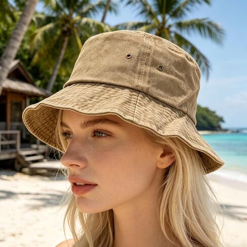Washed Cotton Bucket Hat Vintage Denim Style Sun Cap Breathable UV Protection Fisherman Hat for Men & Women - Travel in Kuwait