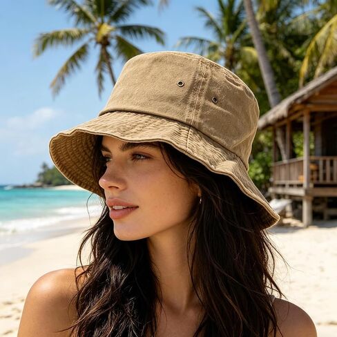 Washed Cotton Bucket Hat Vintage Denim Style Sun Cap Breathable UV Protection Fisherman Hat for Men & Women - Travel in Kuwait