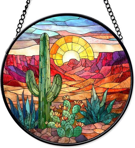 7.8" Cactus Suncatcher Stained Glass Window Hanging Green Plant Sun Catchers Desert Landscape Ornament Wall Art Door Terrace Garden Home Decor Birthday for Women Men Mom in Kuwait