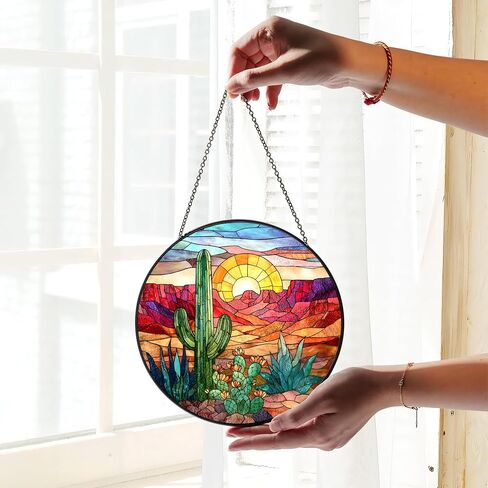 7.8" Cactus Suncatcher Stained Glass Window Hanging Green Plant Sun Catchers Desert Landscape Ornament Wall Art Door Terrace Garden Home Decor Birthday for Women Men Mom in Kuwait