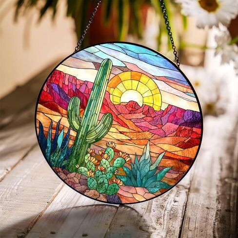 7.8" Cactus Suncatcher Stained Glass Window Hanging Green Plant Sun Catchers Desert Landscape Ornament Wall Art Door Terrace Garden Home Decor Birthday for Women Men Mom in Kuwait