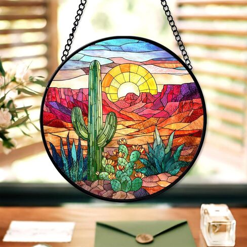 7.8" Cactus Suncatcher Stained Glass Window Hanging Green Plant Sun Catchers Desert Landscape Ornament Wall Art Door Terrace Garden Home Decor Birthday for Women Men Mom in Kuwait