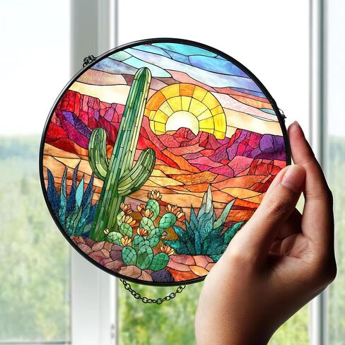 7.8" Cactus Suncatcher Stained Glass Window Hanging Green Plant Sun Catchers Desert Landscape Ornament Wall Art Door Terrace Garden Home Decor Birthday for Women Men Mom in Kuwait