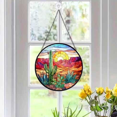 7.8" Cactus Suncatcher Stained Glass Window Hanging Green Plant Sun Catchers Desert Landscape Ornament Wall Art Door Terrace Garden Home Decor Birthday for Women Men Mom in Kuwait