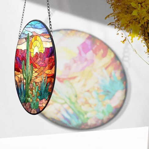 7.8" Cactus Suncatcher Stained Glass Window Hanging Green Plant Sun Catchers Desert Landscape Ornament Wall Art Door Terrace Garden Home Decor Birthday for Women Men Mom in Kuwait