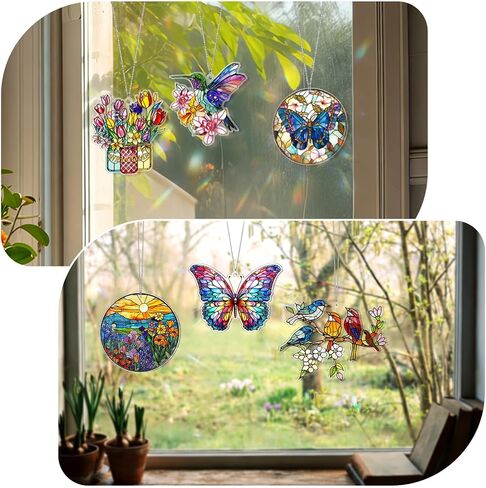 Patelai 6 Pcs Acrylic Butterfly Suncatcher Ornament Faux Stained Glass Butterfly Gifts for Women Colorful Hummingbird Cardinal Suncatcher Window Hanging Decor for Home Spring Summer Nature Lover in Kuwait