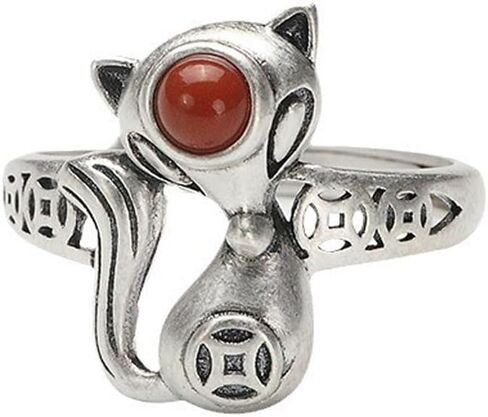 S925 Sterling Silver Nine-Tailed Fox Ring with Red Agate, Adjustable Open Band, Vintage Oriental Myth Boho Statement Jewelry for Women in Saudi Arabia