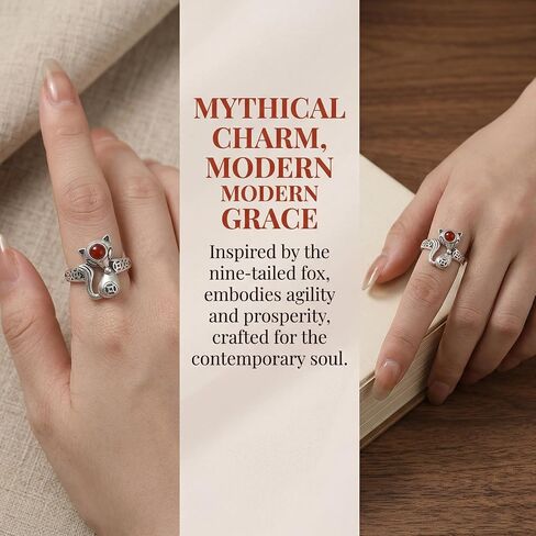 S925 Sterling Silver Nine-Tailed Fox Ring with Red Agate, Adjustable Open Band, Vintage Oriental Myth Boho Statement Jewelry for Women in Saudi Arabia