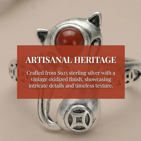 S925 Sterling Silver Nine-Tailed Fox Ring with Red Agate, Adjustable Open Band, Vintage Oriental Myth Boho Statement Jewelry for Women in Saudi Arabia