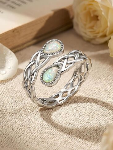 Opal Rings for Women 925 Sterling Silver Celtic Knot Ring Adjustable Open Ring Hypoallergenic Jewelry Gift for Women in Saudi Arabia
