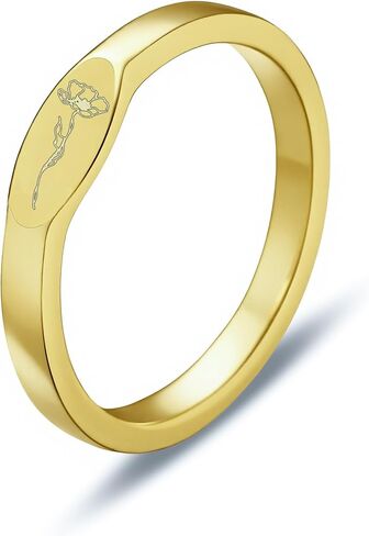 Birth Flower Signet Gold Rings for Women Engraved Floral Design Thin Slim Band Ring for Women 14k Plated Gold Size 6-10 Mothers Day Birthday Gifts for Mom Jewelry in Kuwait