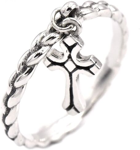2mm Thin Rope Knot Band with Dangle Cross Charm 925 Sterling Silver Unique Ring Sizes 4-10 in Saudi Arabia