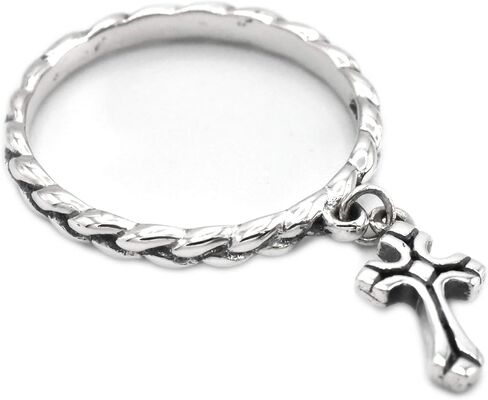 2mm Thin Rope Knot Band with Dangle Cross Charm 925 Sterling Silver Unique Ring Sizes 4-10 in Saudi Arabia