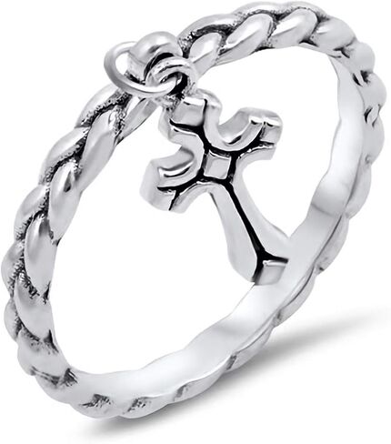 2mm Thin Rope Knot Band with Dangle Cross Charm 925 Sterling Silver Unique Ring Sizes 4-10 in Saudi Arabia